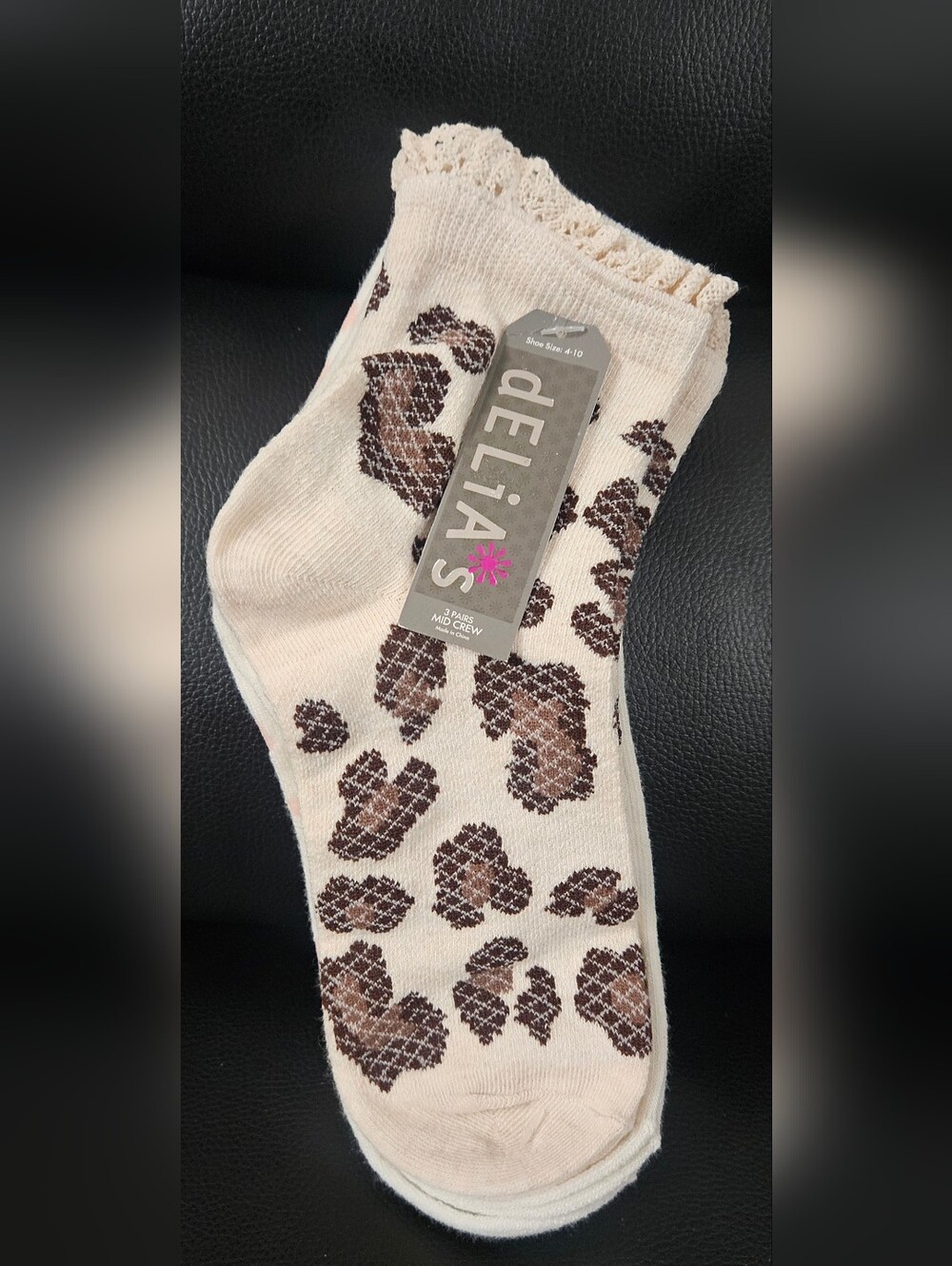 dELiA*s Beige and Brown Leopard Lace-Trim 3 Pairs Mid Crew Socks NWT